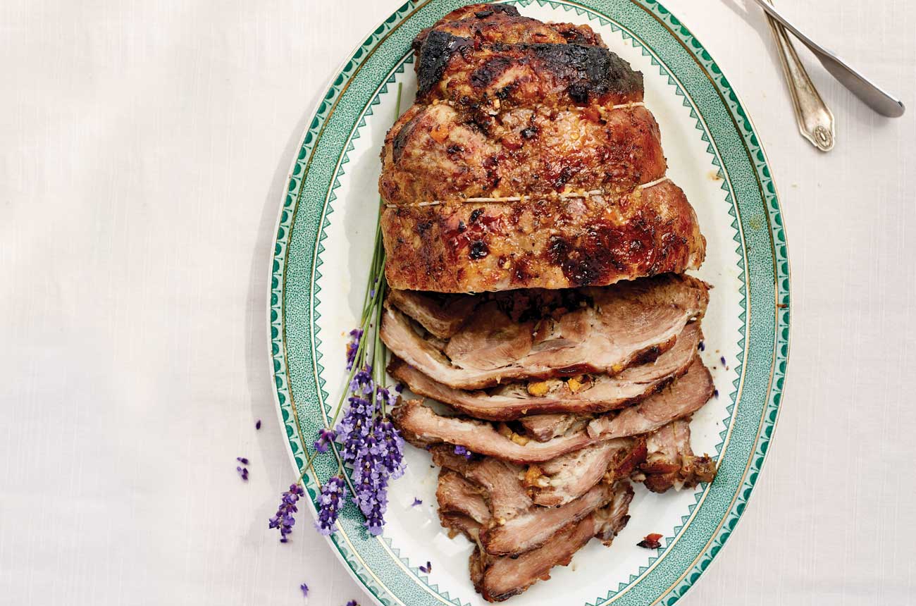 Slow-roast lamb with lavender, lemon &amp; apricots