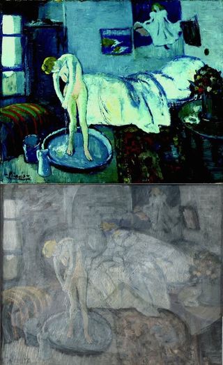 Pablo Picasso, The Blue Room, 1901. Oil on canvas, 19 7/8 x 24 1/4 in. Acquired 1927. The Phillips Collection, Washington, D.C. (top); Infrared and visible overlay of Pablo Picasso’s The Blue Room (1901) (bottom).