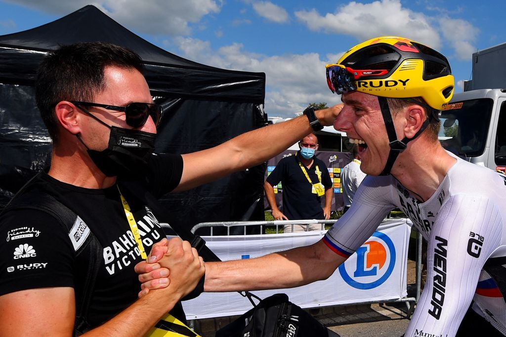 Team Bahrains Matej Mohoric of Slovenia celebrates at the end of during the 19th stage of the 108th edition of the Tour de France cycling race 207 km between Mourenx and Libourne on July 16 2021 Photo by Dario BELINGHERI POOL AFP Photo by DARIO BELINGHERIPOOLAFP via Getty Images