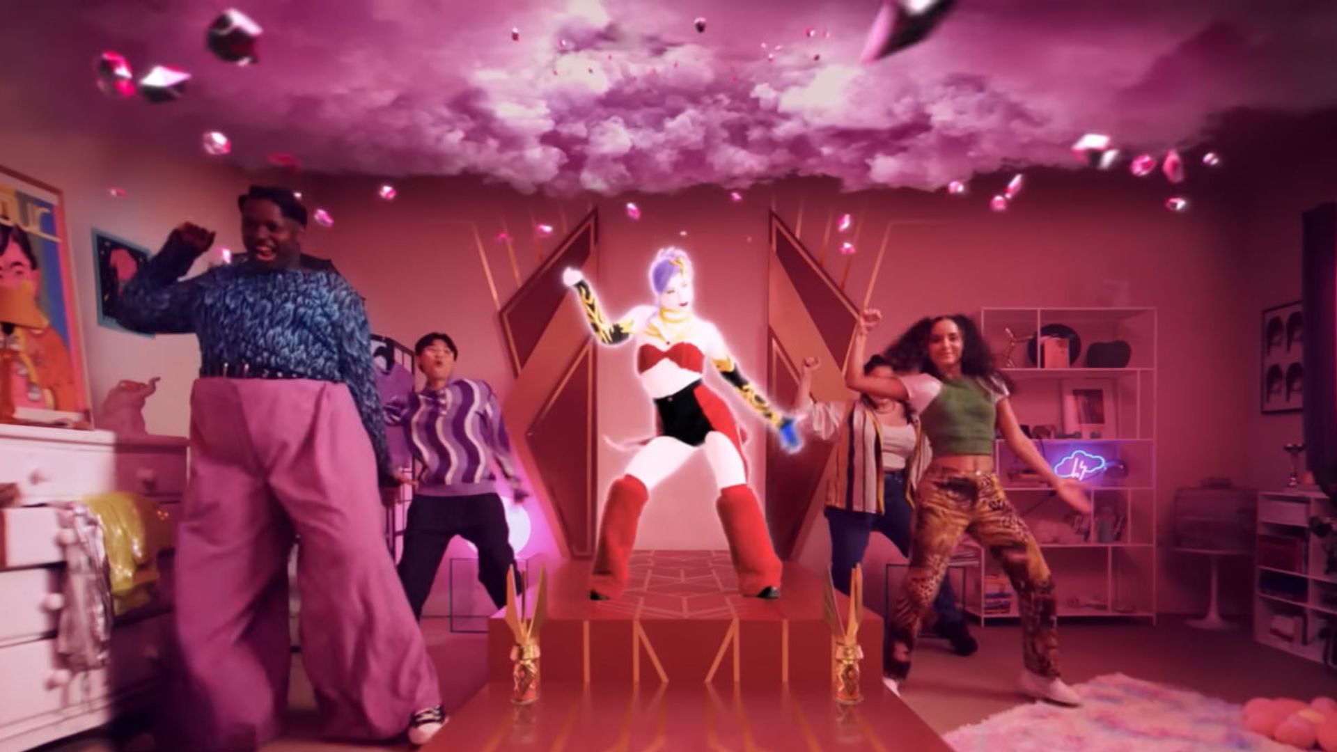 Real life people playing Just Dance 2024 with in-game avatar