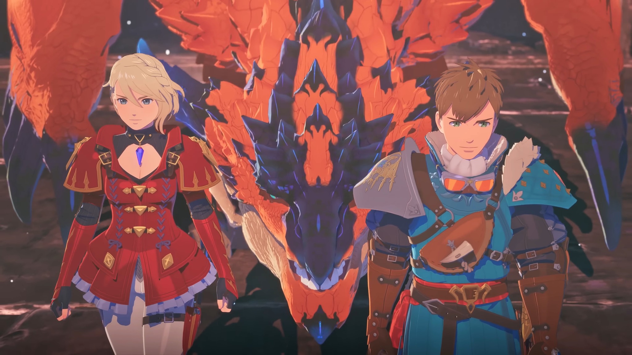 Trailer screenshot of the Prince, Eleanor, and a Rathalos in Monster Hunter Stories 3: Twisted Reflection