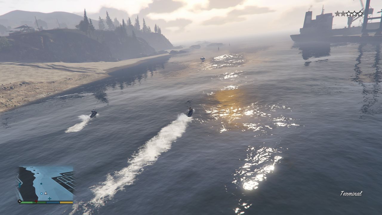 Trevor races on a jetboat in GTA V