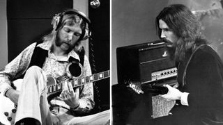Duane Allman and Eric Clapton playing guitars in the studio