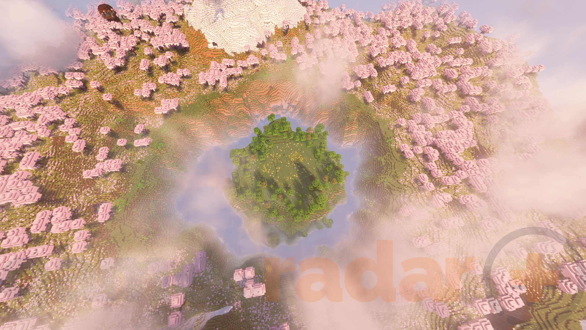A green island stands in the middle of a cherry grove ring in one of the best Minecraft seeds