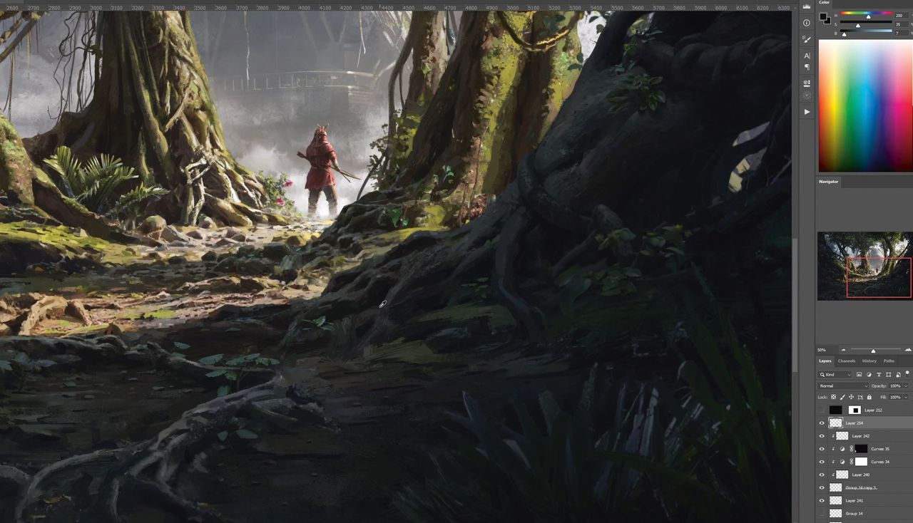 Close-up of the forest floor in Photoshop, artist is painting details on forest floor.