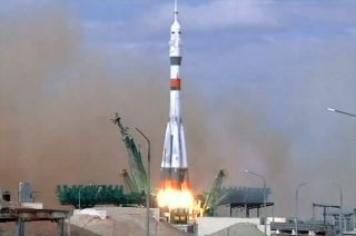 The Russian Soyuz MS-16 carrying the Expedition 63 crew launches to the International Space Station from the Baikonur Cosmodrome, April 9, 2020.