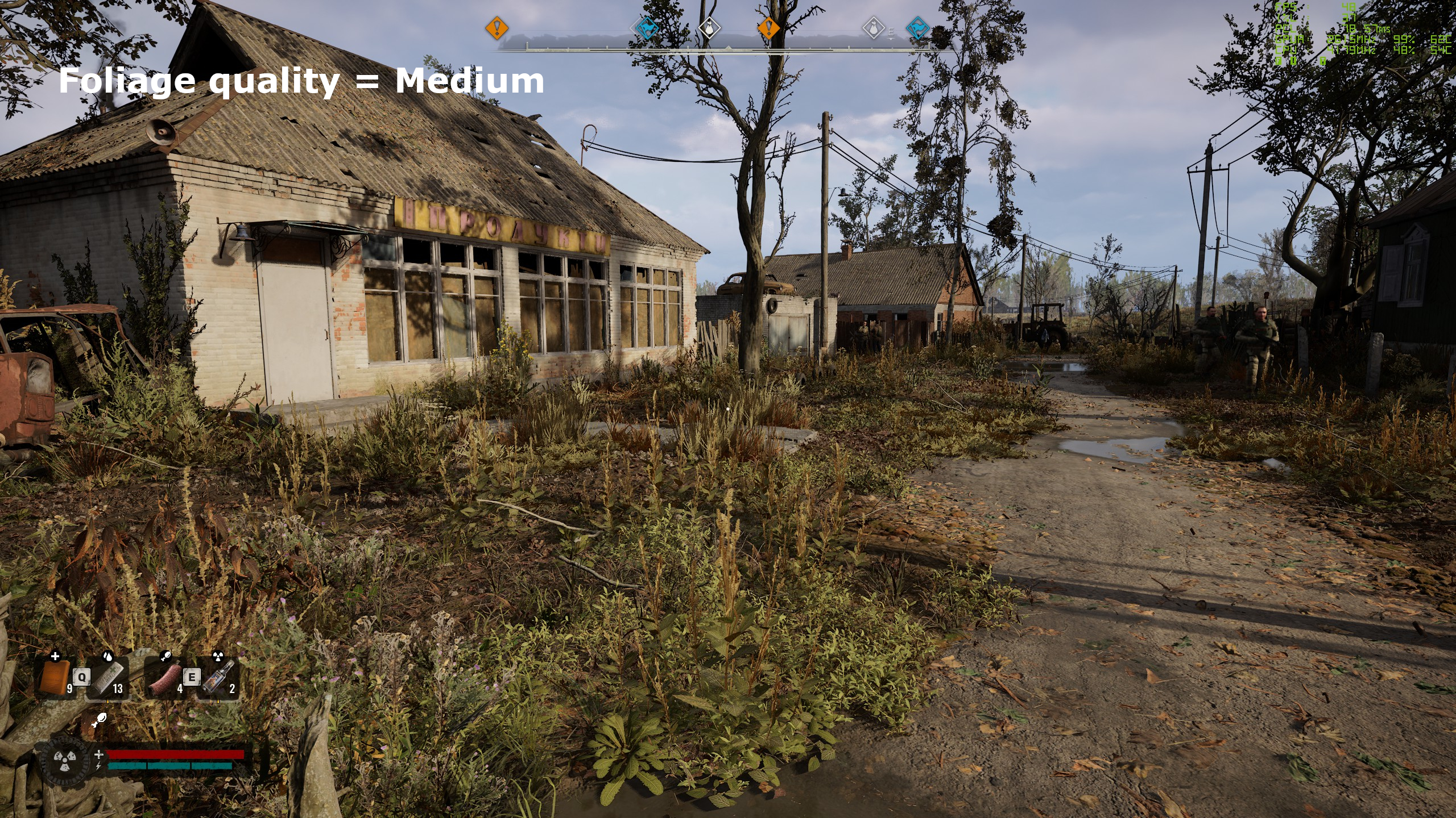 A screenshot of Stalker 2: Heart of Chornobyl, showing the impact of foliage quality settings