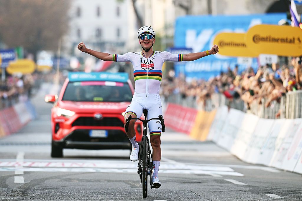 BERGAMO, ITALY - OCTOBER 11: Tadej Pogacar of Slovenia and Team UAE Team Emirates celebrates at finish line as race winner during the 119th Il Lombardia 2025 a 241km one day race from Como to Bergamo on October 11, 2025 in Bergamo, Italy. (Photo by Dario Belingheri/Getty Images)