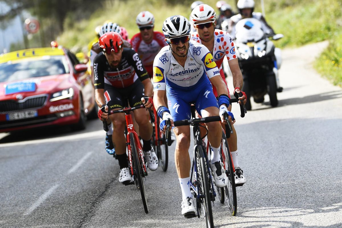 Paris Nice 2020 78th Edition 7th stage Nice Valdeblore La Colmiane 1665 km 14032020 Thomas De Gendt BEL Lotto Soudal Julian Alaphilippe FRA Deceuninck Quick Step photo Nico VereeckenPNBettiniPhoto2020