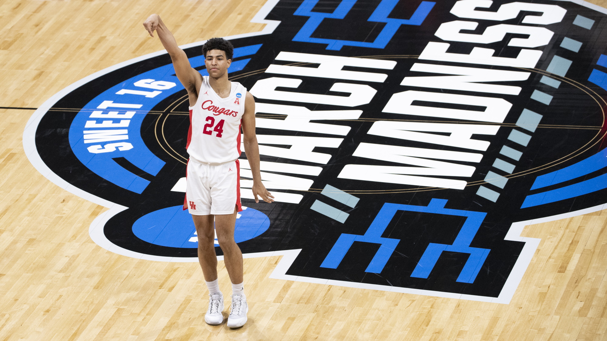 March Madness logo on a basketball court