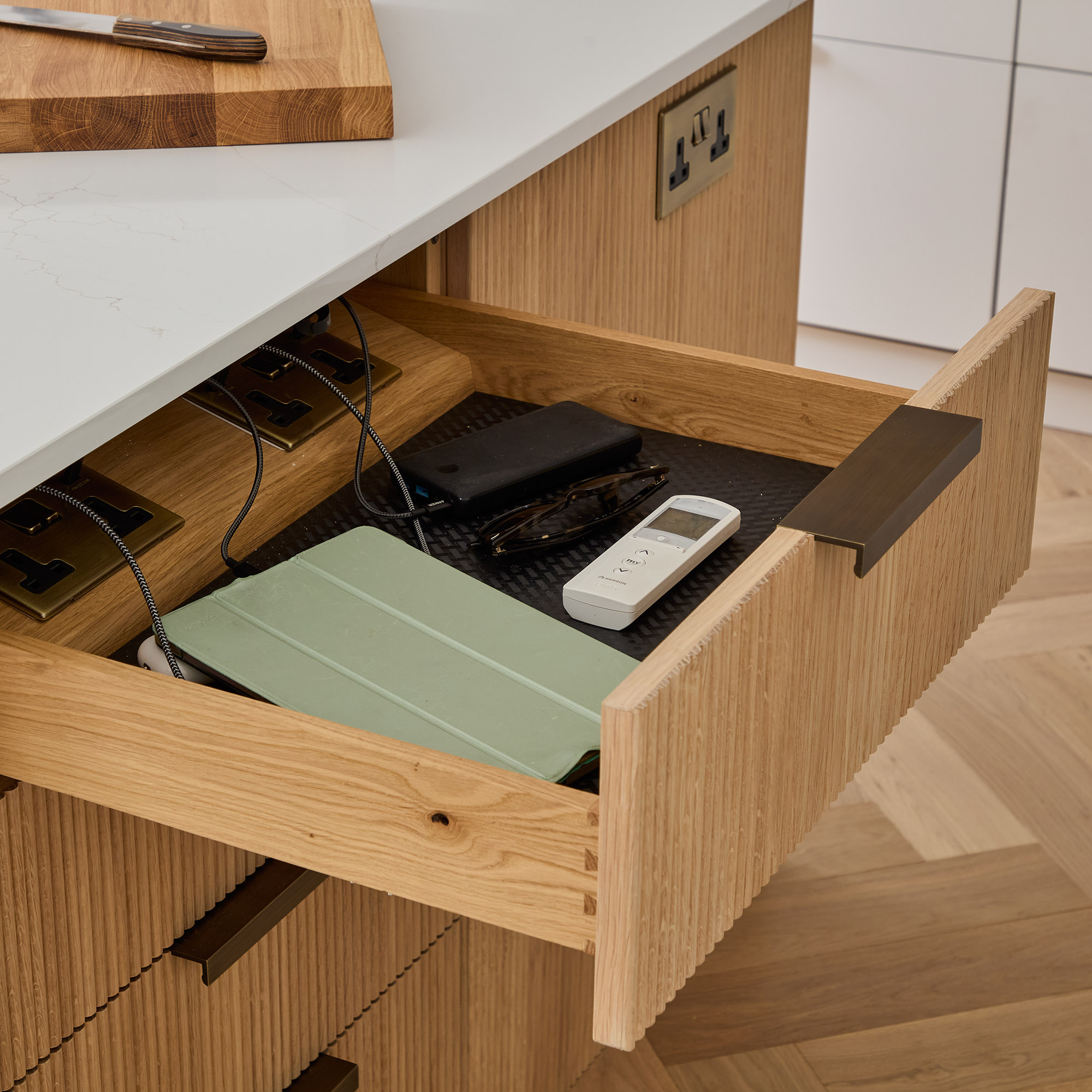 Charging drawer in kitchen island