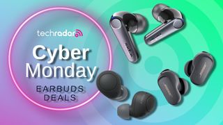 Three sets of earbuds on a colorful background with TR's Cyber Monday badge 