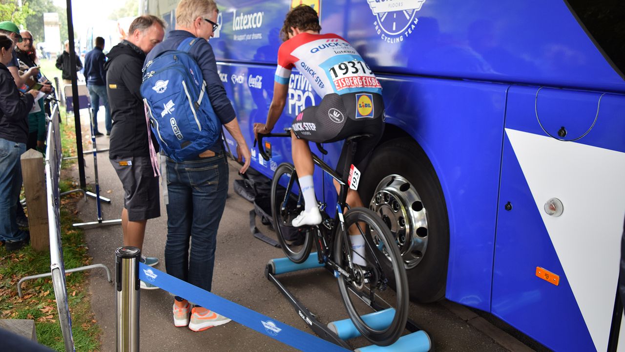 Bob Jungels warms down on rollers after leading out his teammate Julian Alaphilippe to stage victory