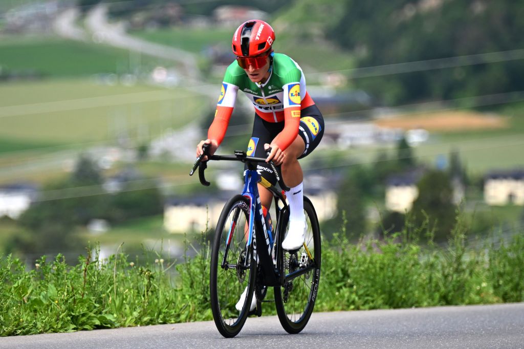 VILLARSSUROLLON SWITZERLAND JUNE 16 Elisa Longo Borghini of Italy and Team LidlTrek sprints during the 4th Tour de Suisse Women 2024 Stage 2 a 157km individual time trial stage from Aigle to VillarssurOllon 1249m UCIWWT on June 16 2024 in VillarssurOllon Switzerland Photo by Tim de WaeleGetty Images