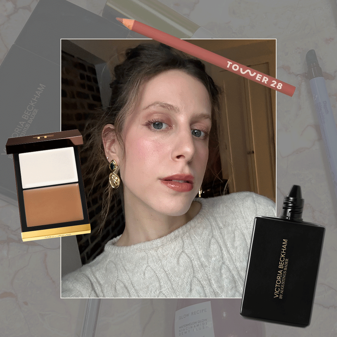 A collage of Jamie Schneider wearing her ride-or-die makeup products 