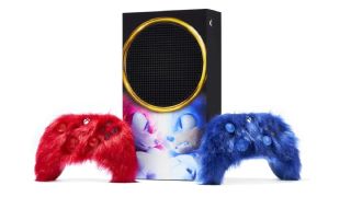 Sonic 2 movie Xbox furry controllers in Sonic Blue and Knuckles red and Sonic-themed Xbox Series S