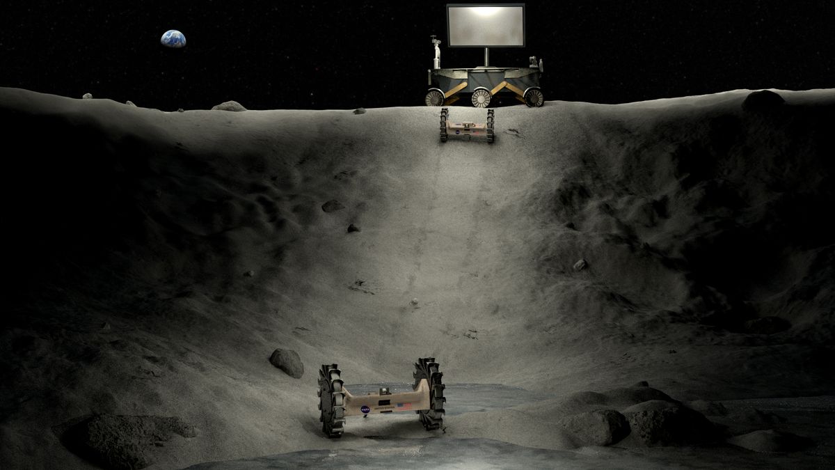 An artist&#039;s depiction of machinery working in a permanently shadowed crater on the moon.