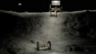 An artist's depiction of machinery working in a permanently shadowed crater on the moon.