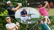 Dustin Johnson, Joaquin Niemann, Tom McKibbin and Patrick Reed with an inset of Tyrrell Hatton holding the Dubai Desert Classic in the center
