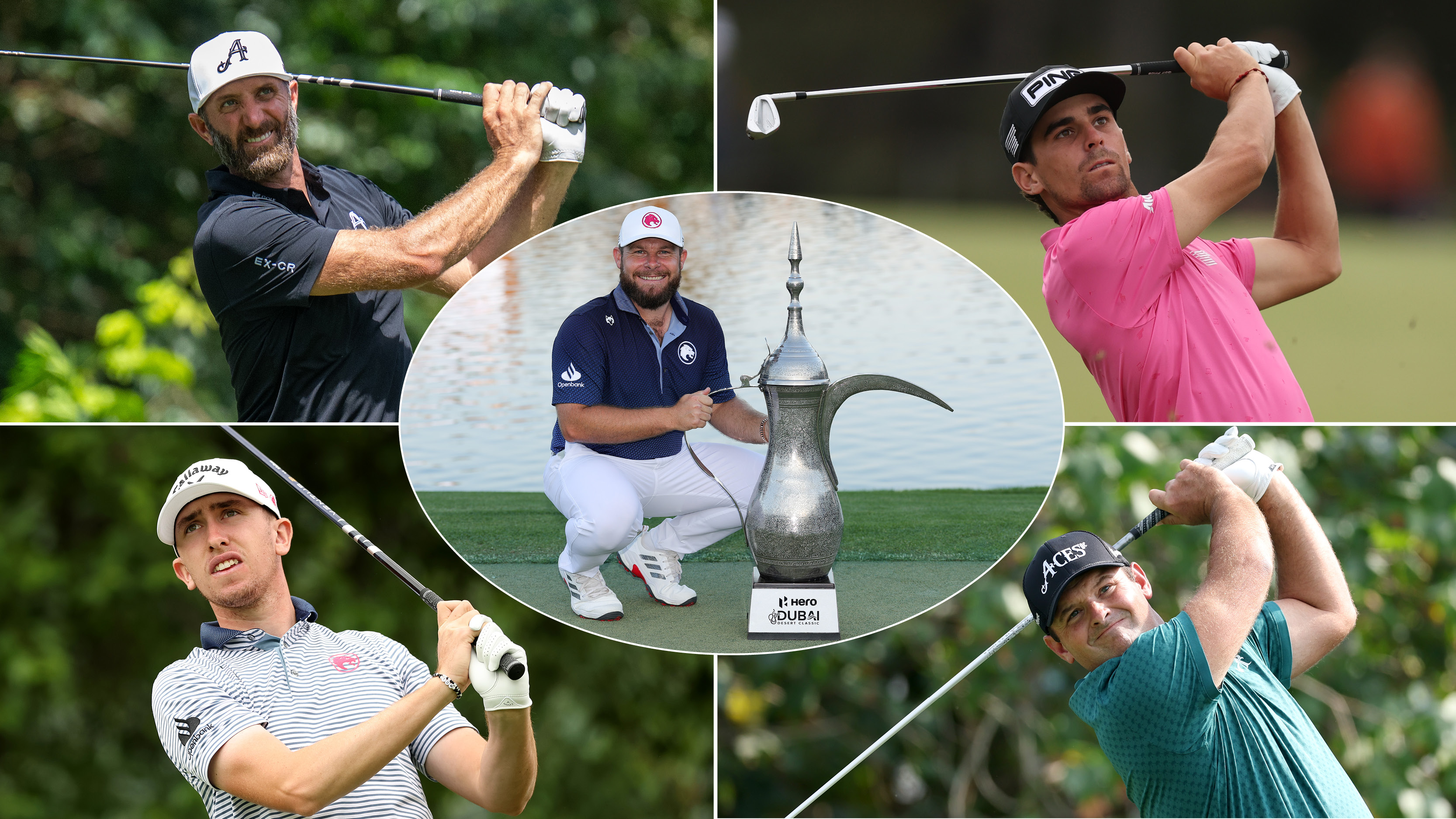 Dustin Johnson, Joaquin Niemann, Tom McKibbin and Patrick Reed with an inset of Tyrrell Hatton holding the Dubai Desert Classic in the center