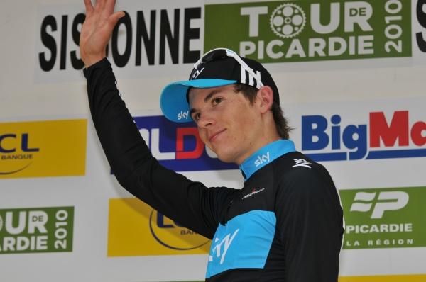 Ben Swift (Team Sky) walks onto the stage for a busy final podium presentation