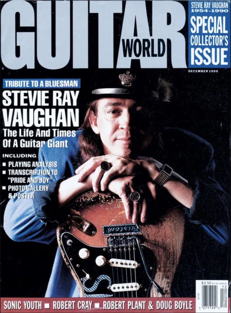 Stevie Ray Vaughan, pictured on the cover of the December 1990 issue of Guitar World