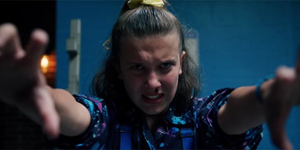 Eleven straining her powers in Stranger Things