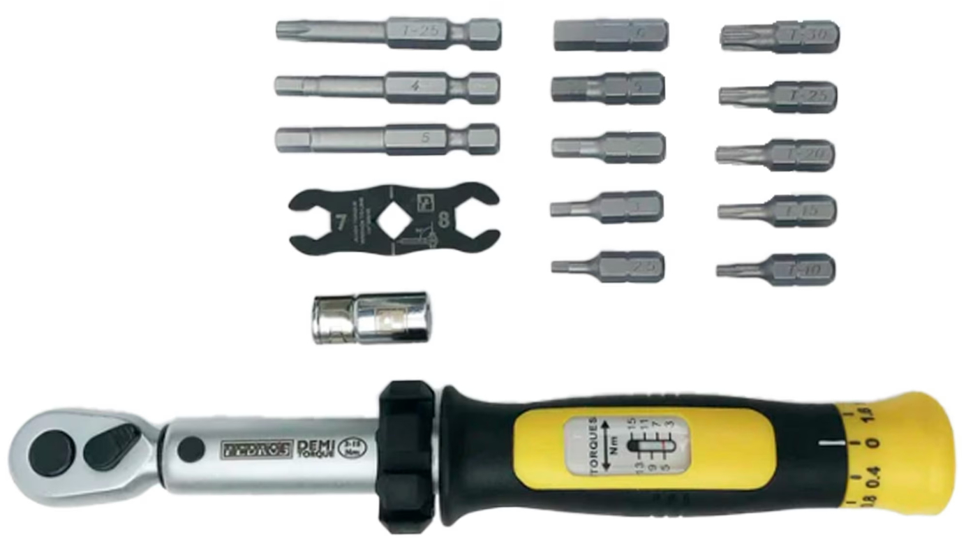 The Pedro&#039;s Demi II torque wrench with all its bits and adaptors
