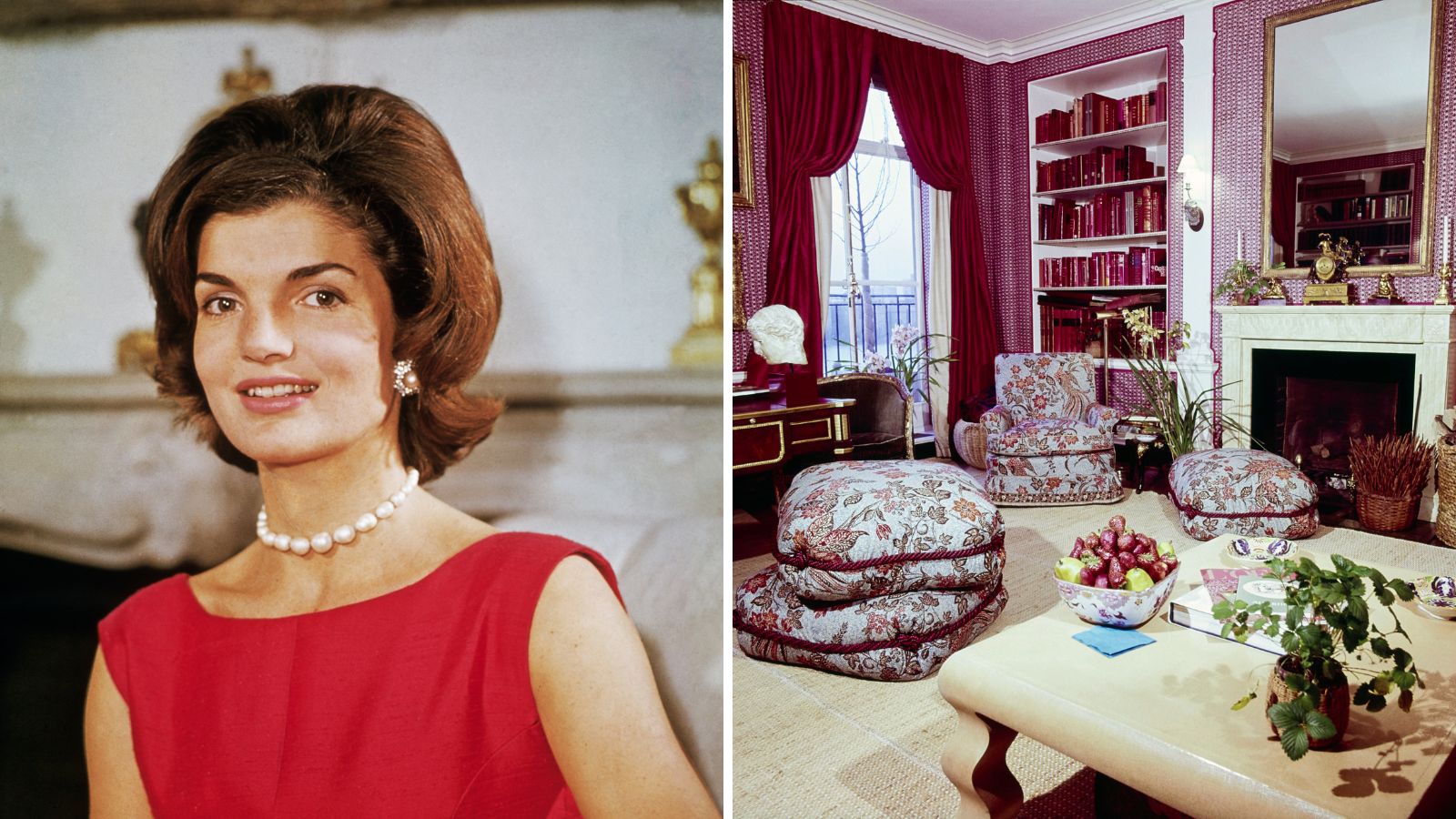 a split screen image with jackie kennedy on the left and her pink library on the right
