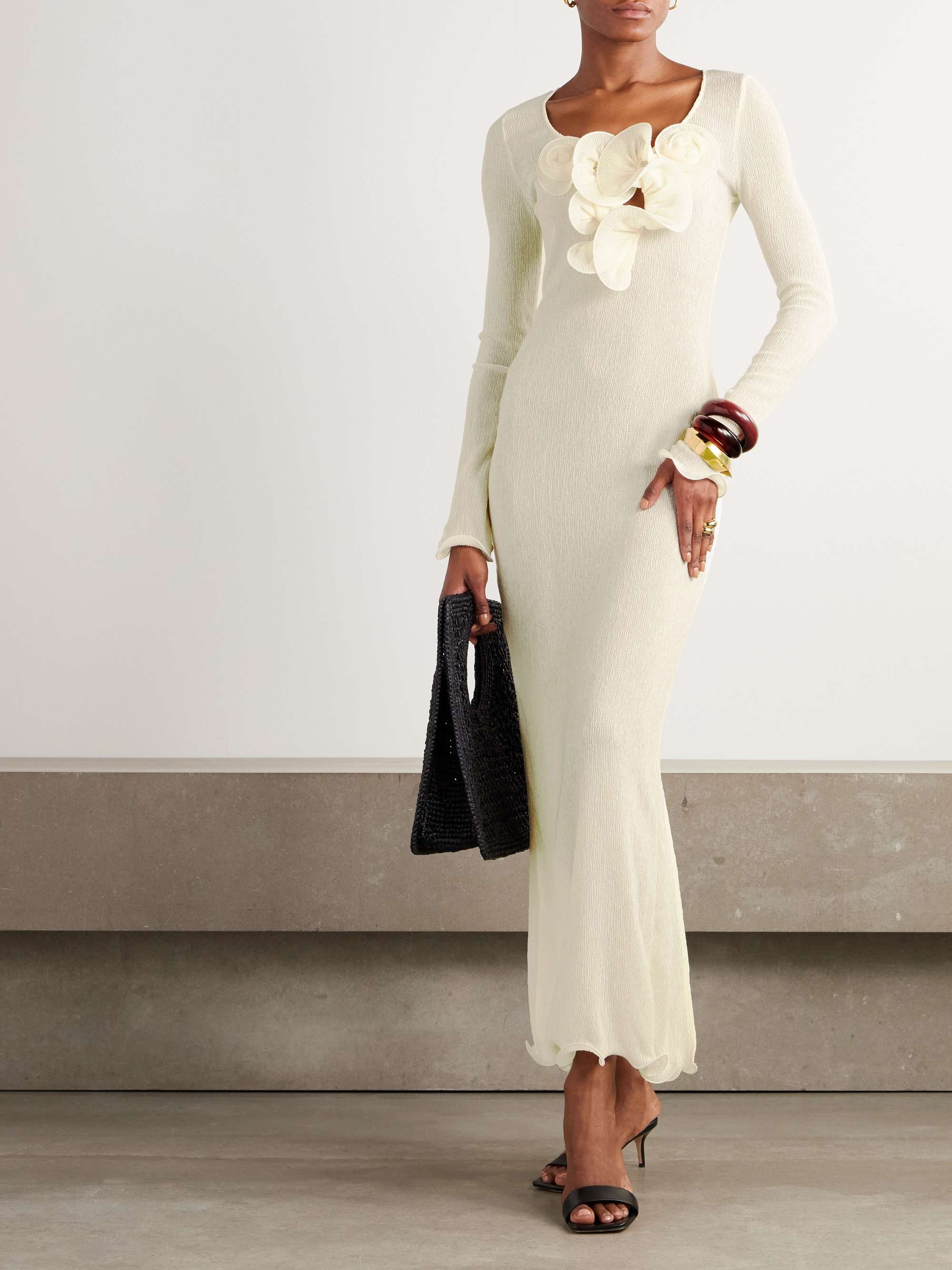 Appliquéd Ruffled Ribbed Lyocell-Blend Midi Dress