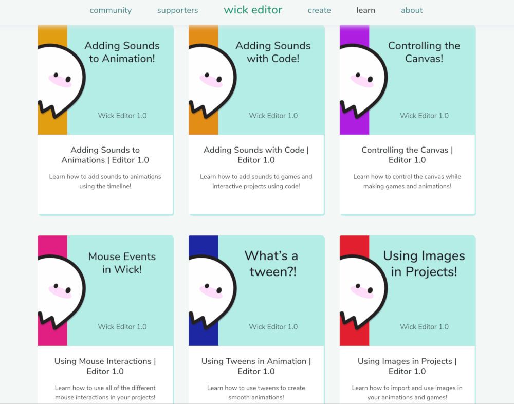 Wick Editor screenshot showing tiles for short tutorials, such as &quot;Adding sounds to animations.&quot;