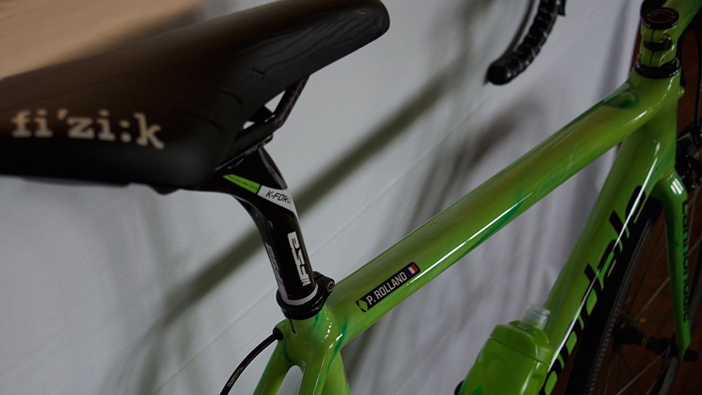 The frame is painted in the distictive green of Canondale-Drapac