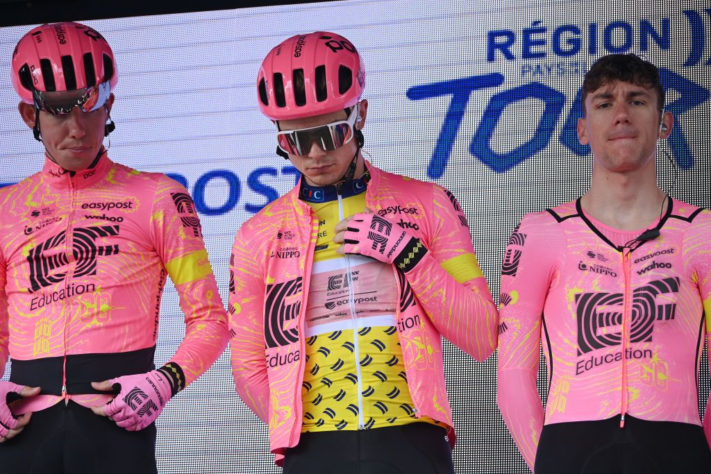 CHATEAUBRIANT FRANCE APRIL 03 Marijn van den Berg of The Netherlands and Team EF Education EasyPost Yellow Leader Jersey prior to the 70th Region Pays de la Loire Tour 2024 Stage 2 a 1621km stage from Chateaubriant to Saumur on April 03 2024 in Chateaubriant France Photo by Dario BelingheriGetty Images