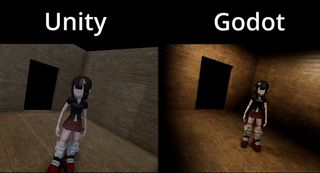 A side-by side comparison of scenes in a game made in Unity vs Godot Engine