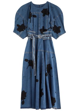 Floral-Appliqued Belted Denim Midi Dress