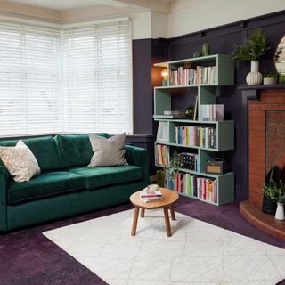 Sara Cox living room in purple with green sofa