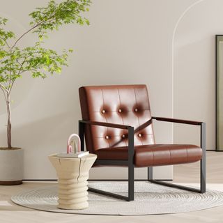 Mid-Century Style Faux Leather Accent Chair, Armchair With Steel Frame, Modern Single Sofa Chair for Living Room Bedroom Office