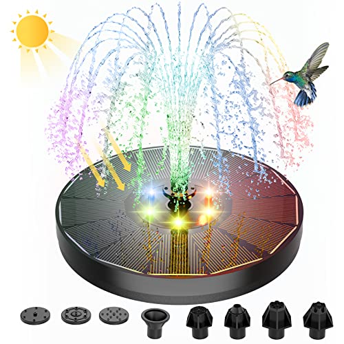 Alukiki Solar Powered Fountain 4w Bird Bath Fountains Pump Upgraded Glass Panel Fountains With Color Led Lights 7 Nozzles &amp;amp; 4 Fixers for Garden Small Pond Outdoor Swimming Pool Fish Tank