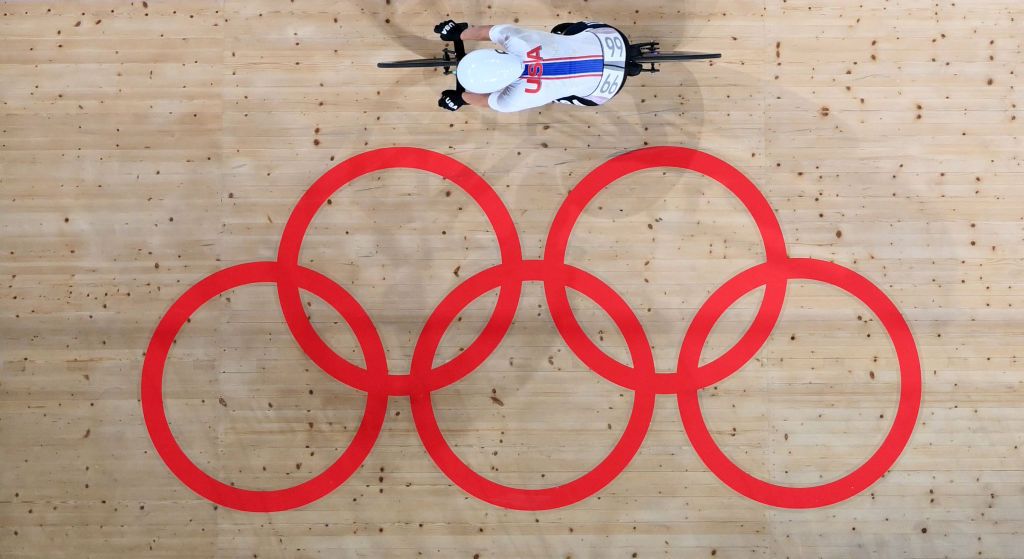 An overview shows gold medallist USAs Jennifer Valente after the womens track cycling omnium points race during the Tokyo 2020 Olympic Games at Izu Velodrome in Izu Japan on August 8 2021 Photo by Greg Baker AFP Photo by GREG BAKERAFP via Getty Images