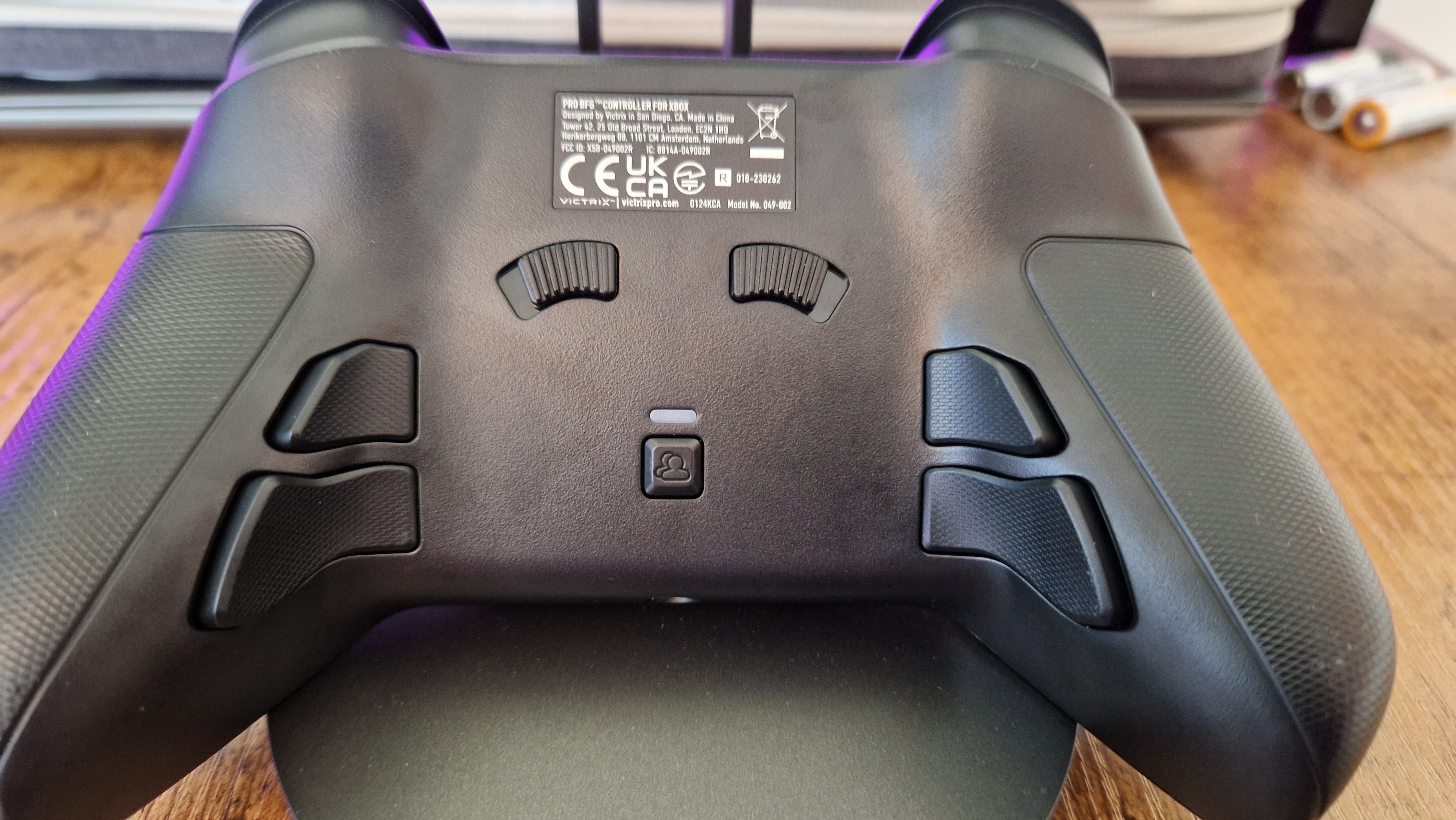 Victrix Pro BFG for Xbox from behind, showing its back buttons and other function buttons