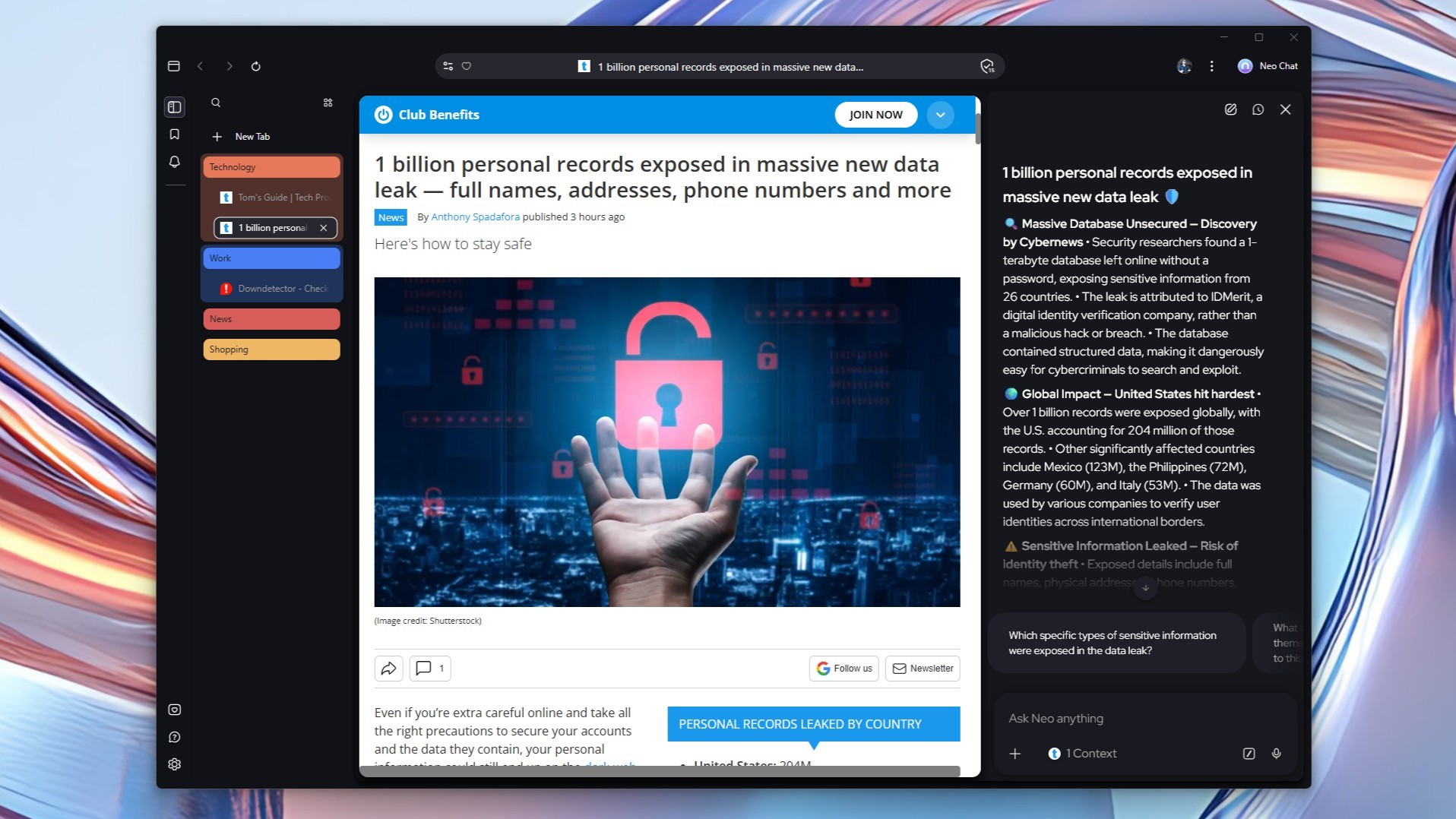 A screenshot showing how Norton's Neo Chat AI chatbot can instantly summarize stories in the right sidebar of its Neo browser