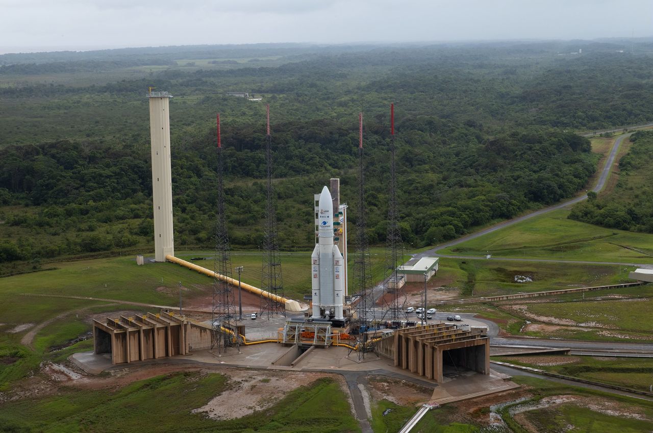 An aerial view of the Ariane 5 rocket carrying the James Webb Space Telescope at the launch pad on Dec. 23, 2021.