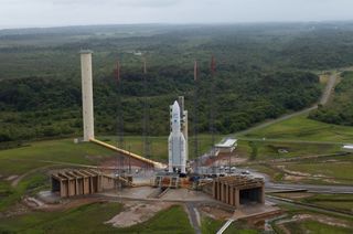 An aerial view of the Ariane 5 rocket carrying the James Webb Space Telescope at the launch pad on Dec. 23, 2021.