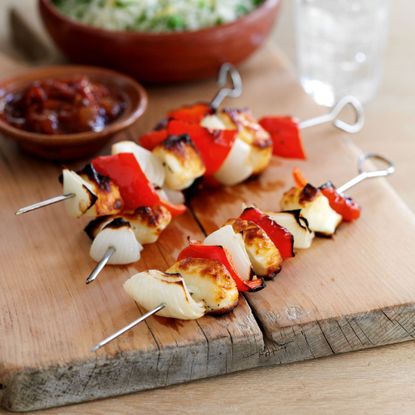 Halloumi, Red Onion and Pepper Kebabs with Citrussy Pilaf Recipe-new recipes-woman and home