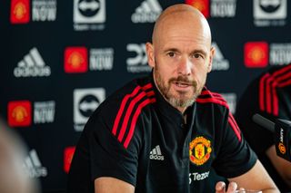 Manchester United manager Erik ten Hag speaks during a press conference at Carrington Training Ground on August 26, 2022 in Manchester, England.