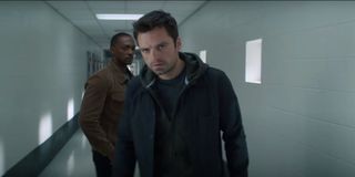 Falcon and Winter Soldier Anthony Mackie and Sebastian Stan brooding in a hospital corridor
