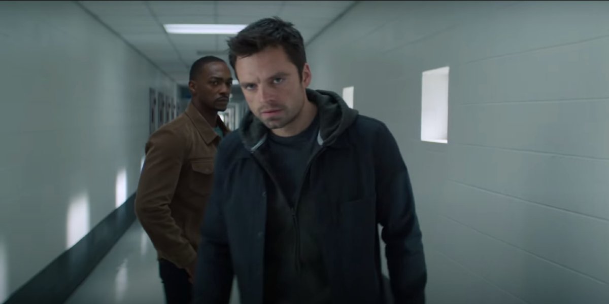 Falcon and Winter Soldier Anthony Mackie and Sebastian Stan brooding in a hospital corridor