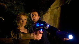 The Doctor and Captain Adelaide with sonic screwdriver and gun (respectively) drawn in the Doctor Who episode "The Waters of Mars"