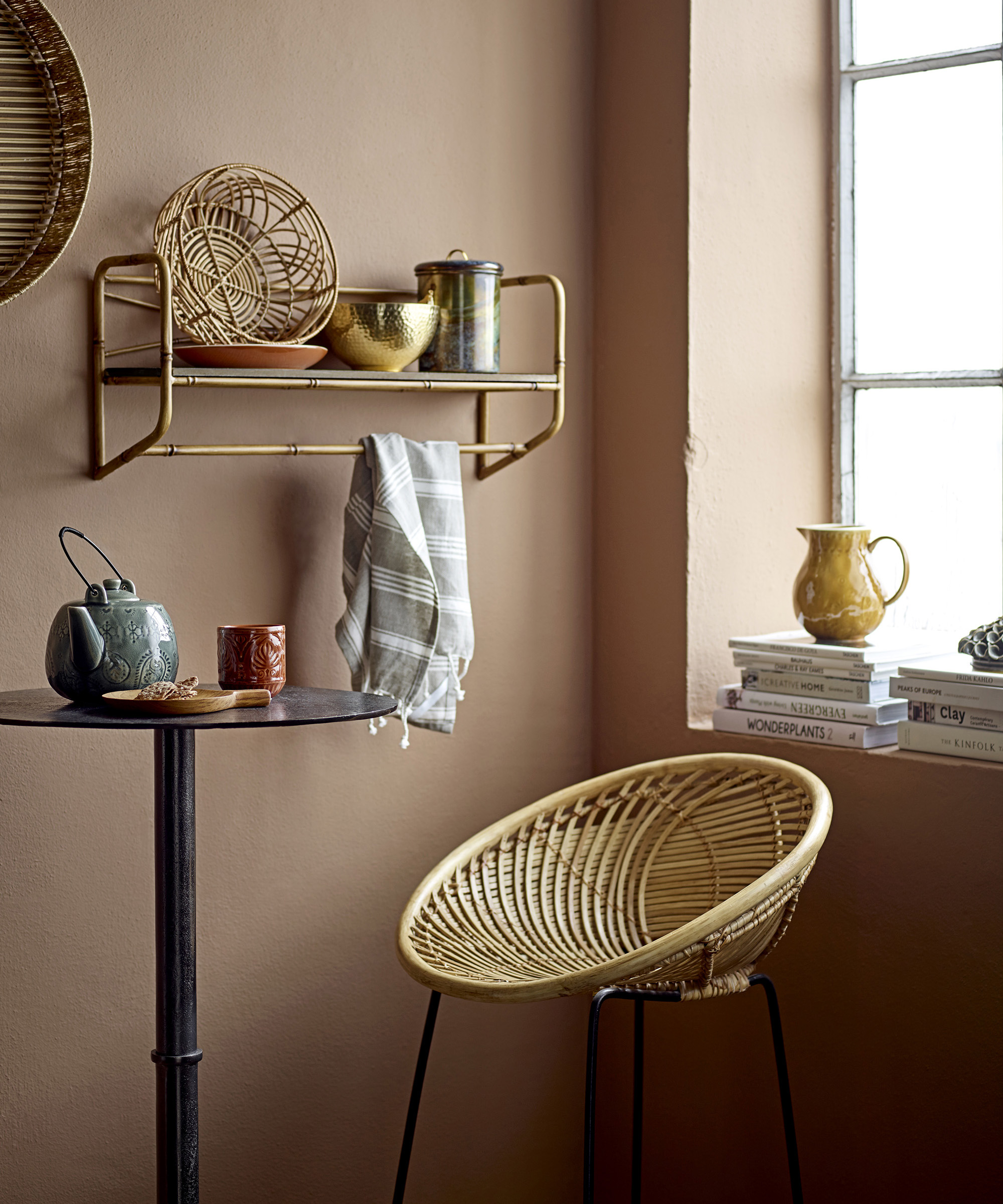 Aluminium bar table with rattan seating and shelf