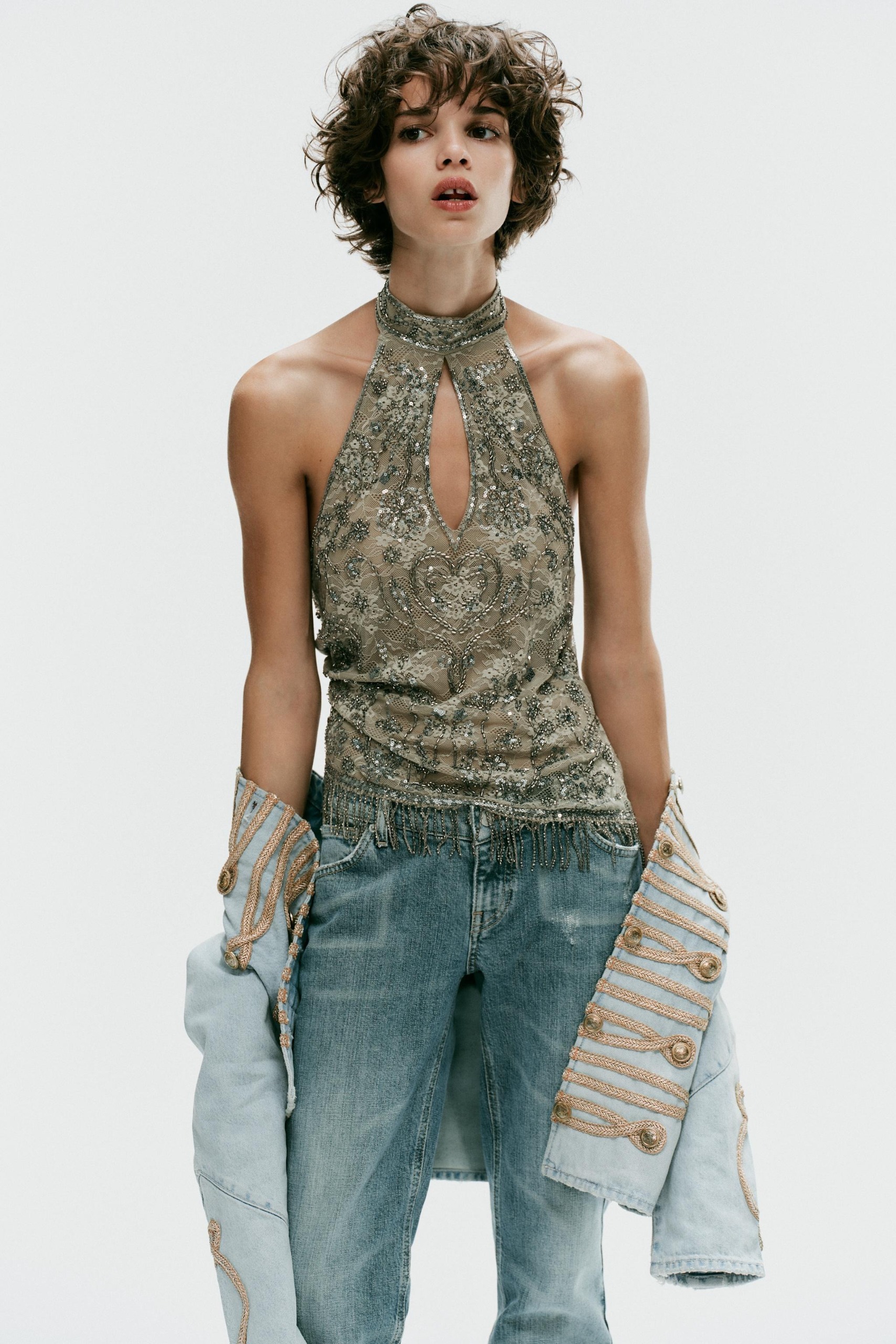ZARA, Beaded Halter Top - Dark Khaki - S